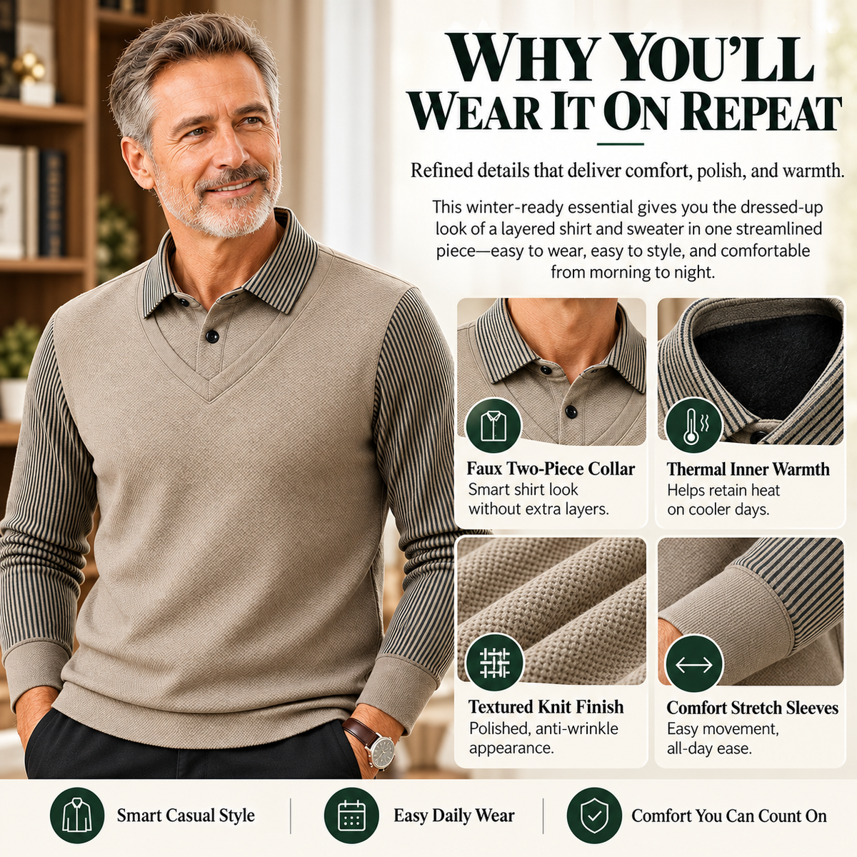 Men's Faux Two-Piece Thermal Long Sleeve Top